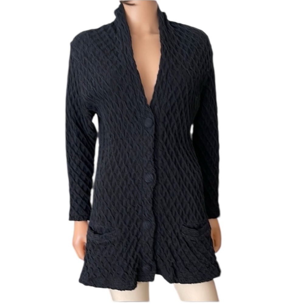 Vintage 90’s Tapemeasure Black Textured Cotton Long Cardigan Made n USA